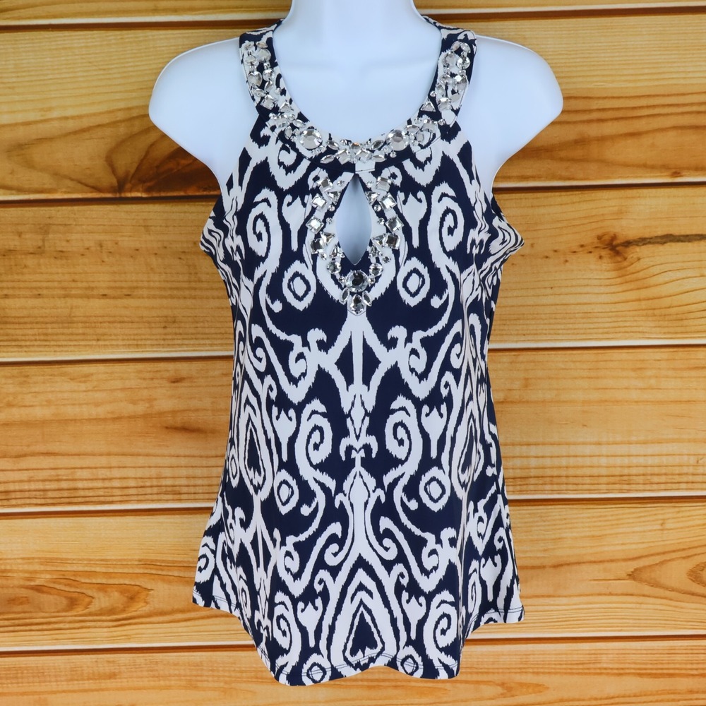 INC International Concepts Blouse Womens S Blue‎ Geometric Stretch Built-In Bra